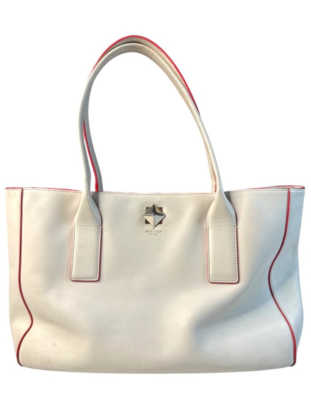 Kate Spade White Leather Tote With Red Trim & Stud Accent